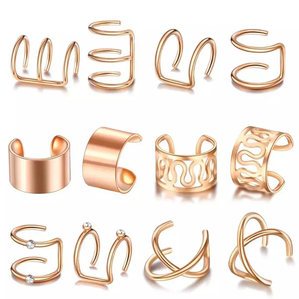 12 & 6 Piece Gold Adjustable Wire No Piercing Everyday Cartilage Helix Ear Cuff