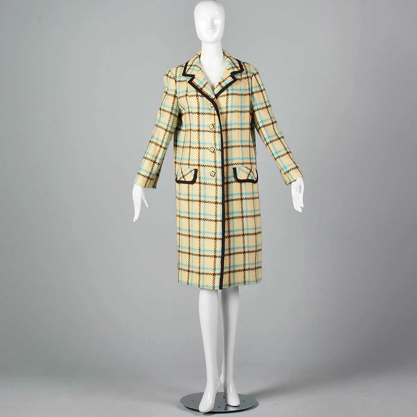 1960s Cream Plaid Coat Brown & Teal