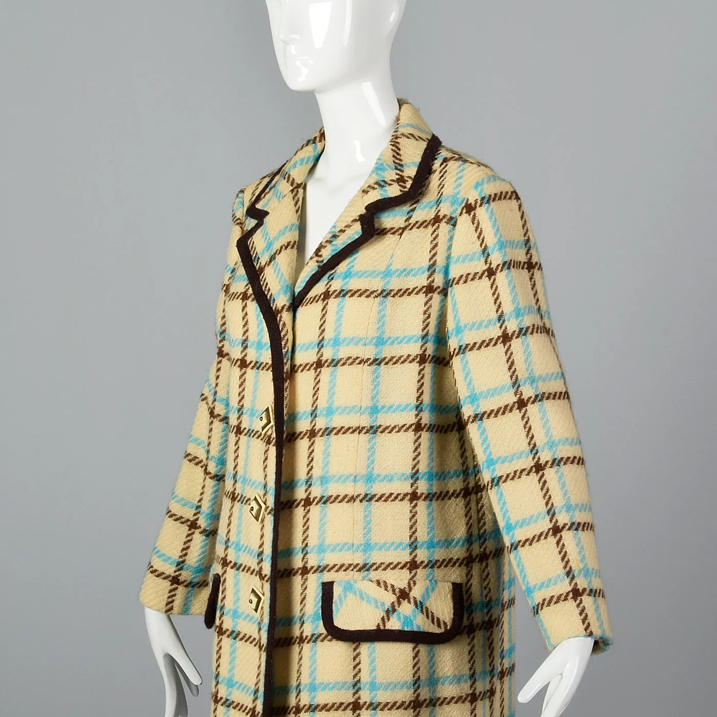 1960s Cream Plaid Coat Brown & Teal