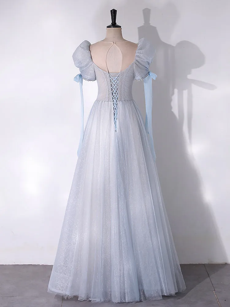 A-Line Scoop Neckline Tulle Light Blue Long Prom Dress with Beads