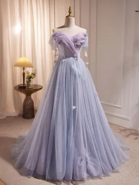 A-Line Sweetheart Neck Tulle Purple Long Prom Dress, Purple Formal Dress