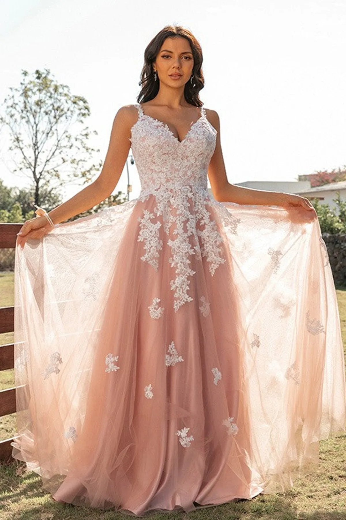 A Line V Neck Pink Tulle Long Prom Dress with Lace Appliques, V Neck Pink Formal Graduation Evening Dress A1691