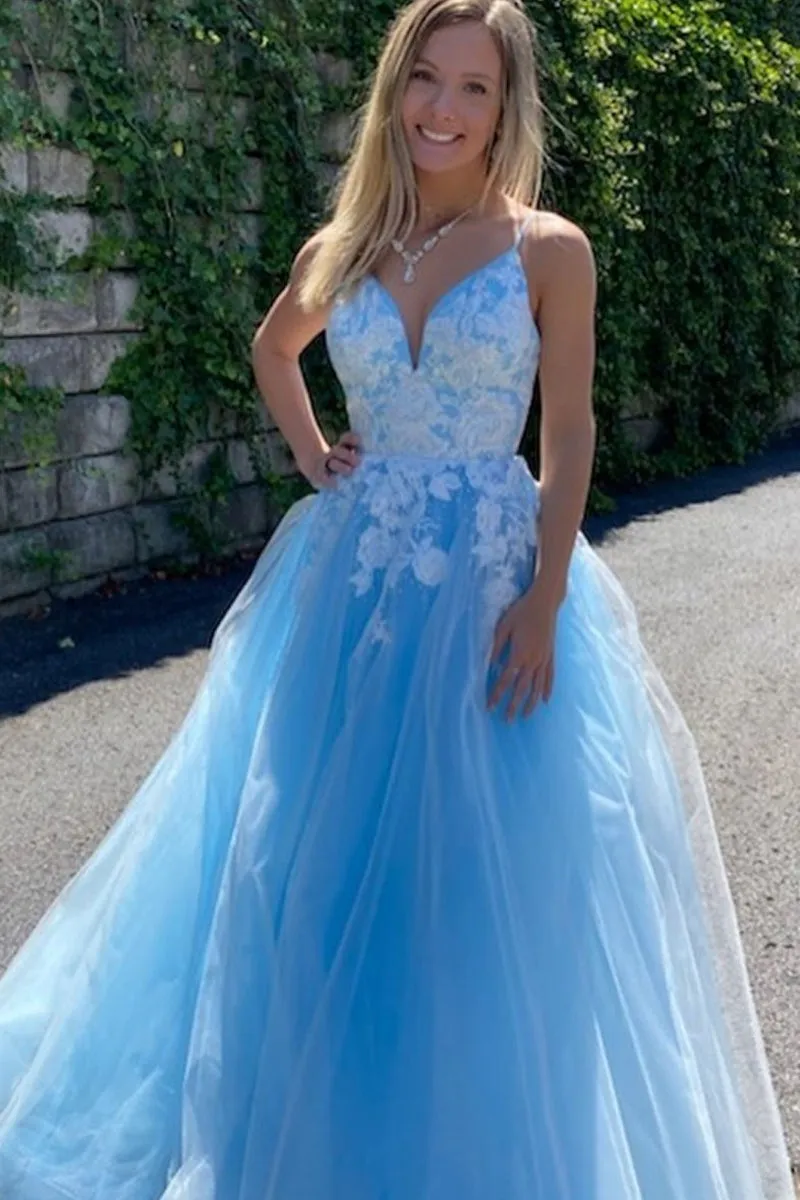 A Line V Neck Pink/Blue Lace Floral Long Prom Dress, Pink/Blue Lace Formal Dress, Pink/Blue Evening Dress