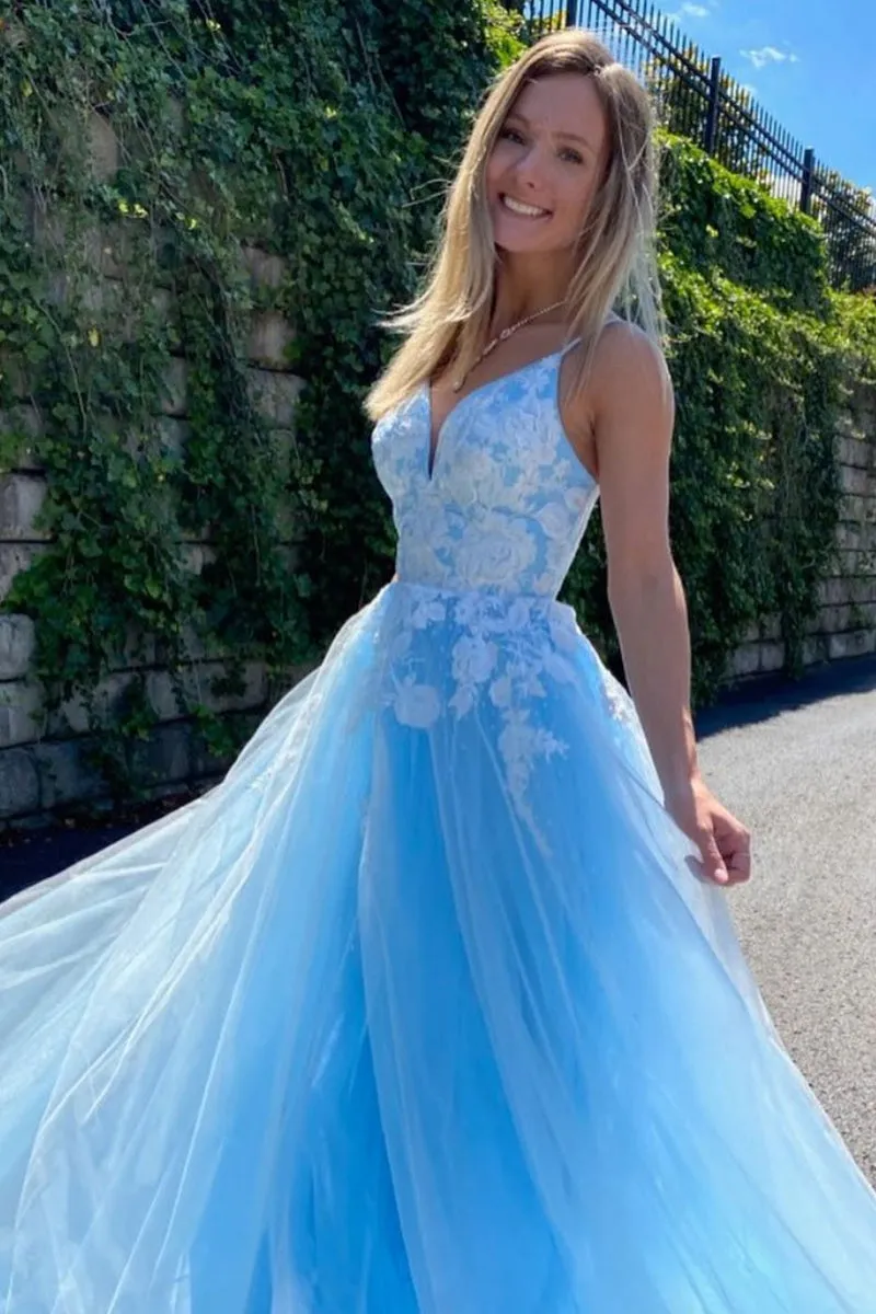 A Line V Neck Pink/Blue Lace Floral Long Prom Dress, Pink/Blue Lace Formal Dress, Pink/Blue Evening Dress