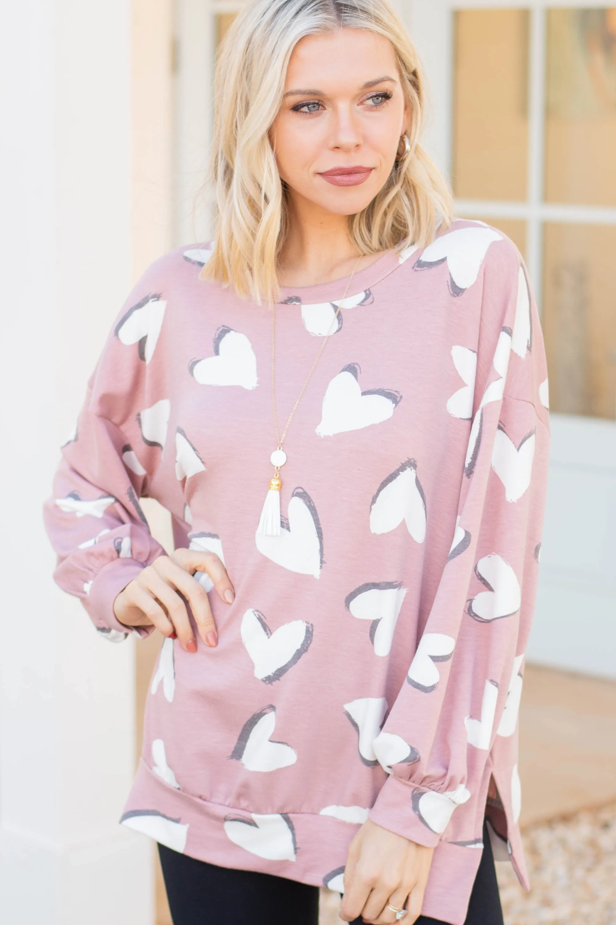 All For Your Love Rose Pink Heart Print Pullover