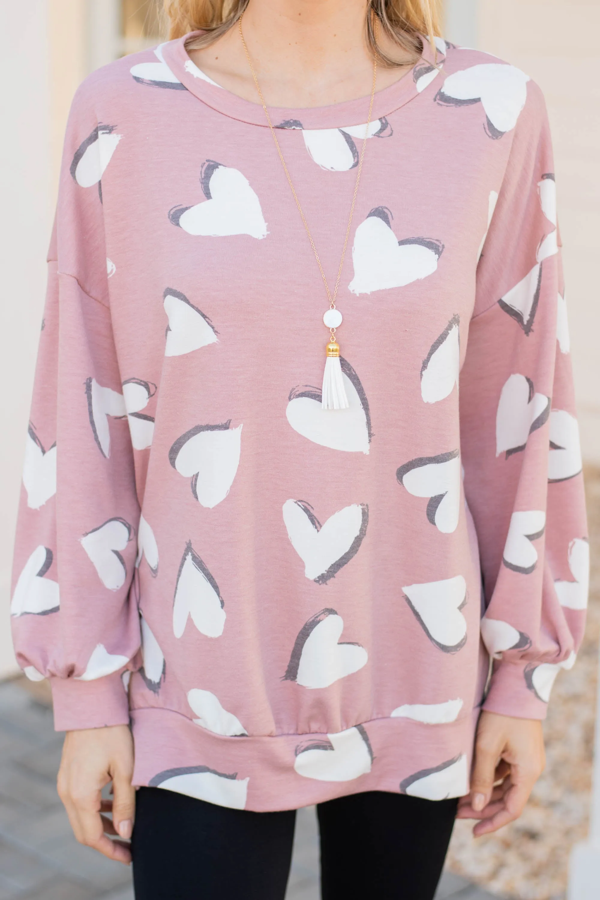 All For Your Love Rose Pink Heart Print Pullover