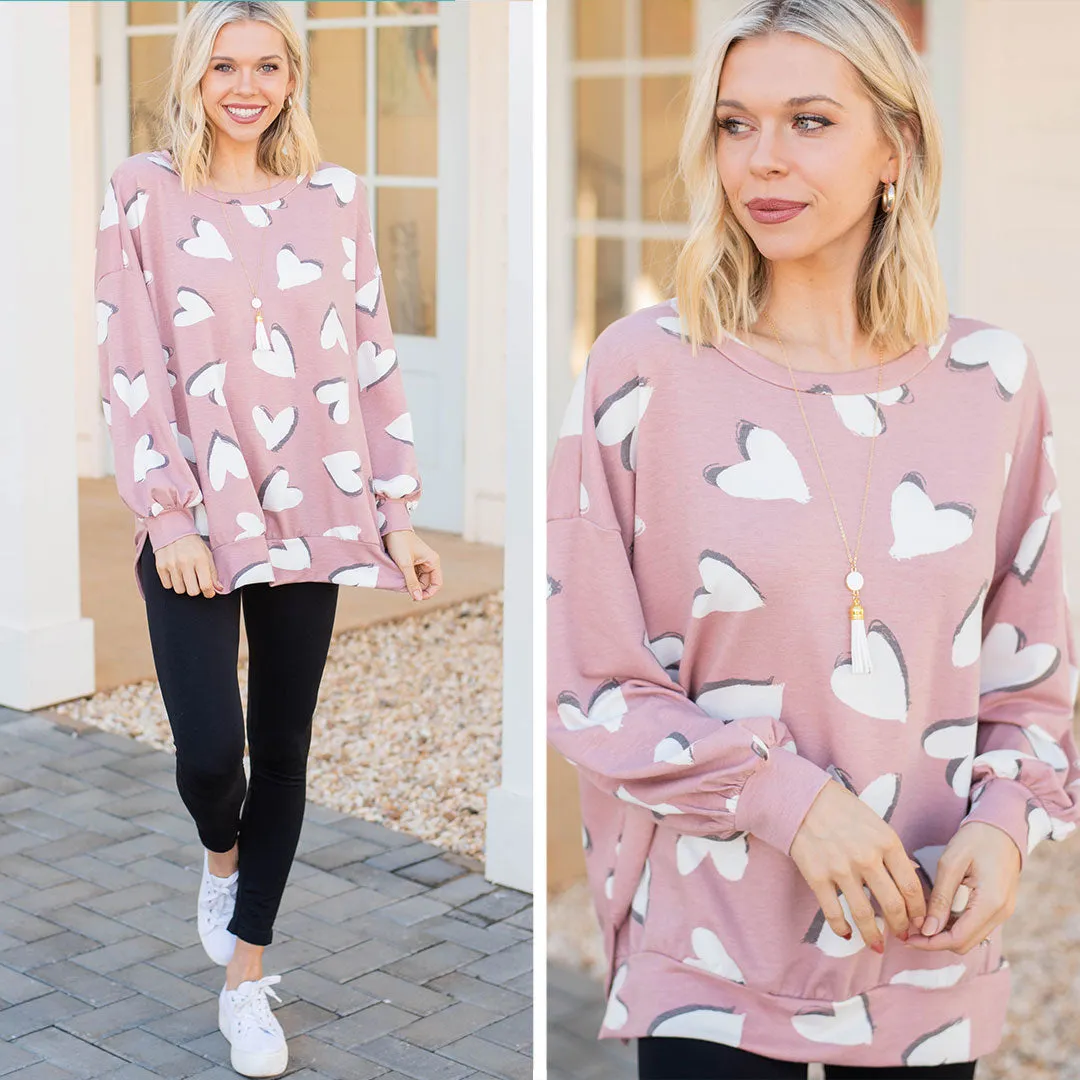 All For Your Love Rose Pink Heart Print Pullover