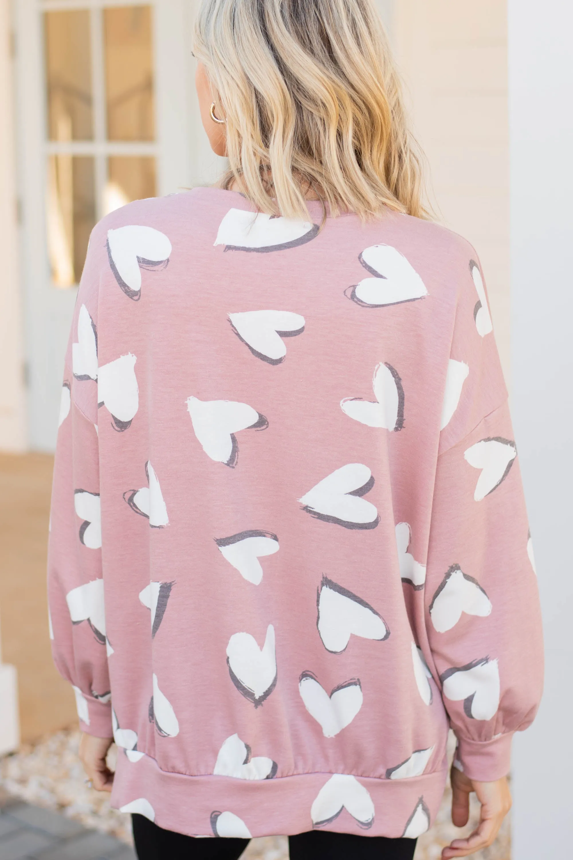 All For Your Love Rose Pink Heart Print Pullover