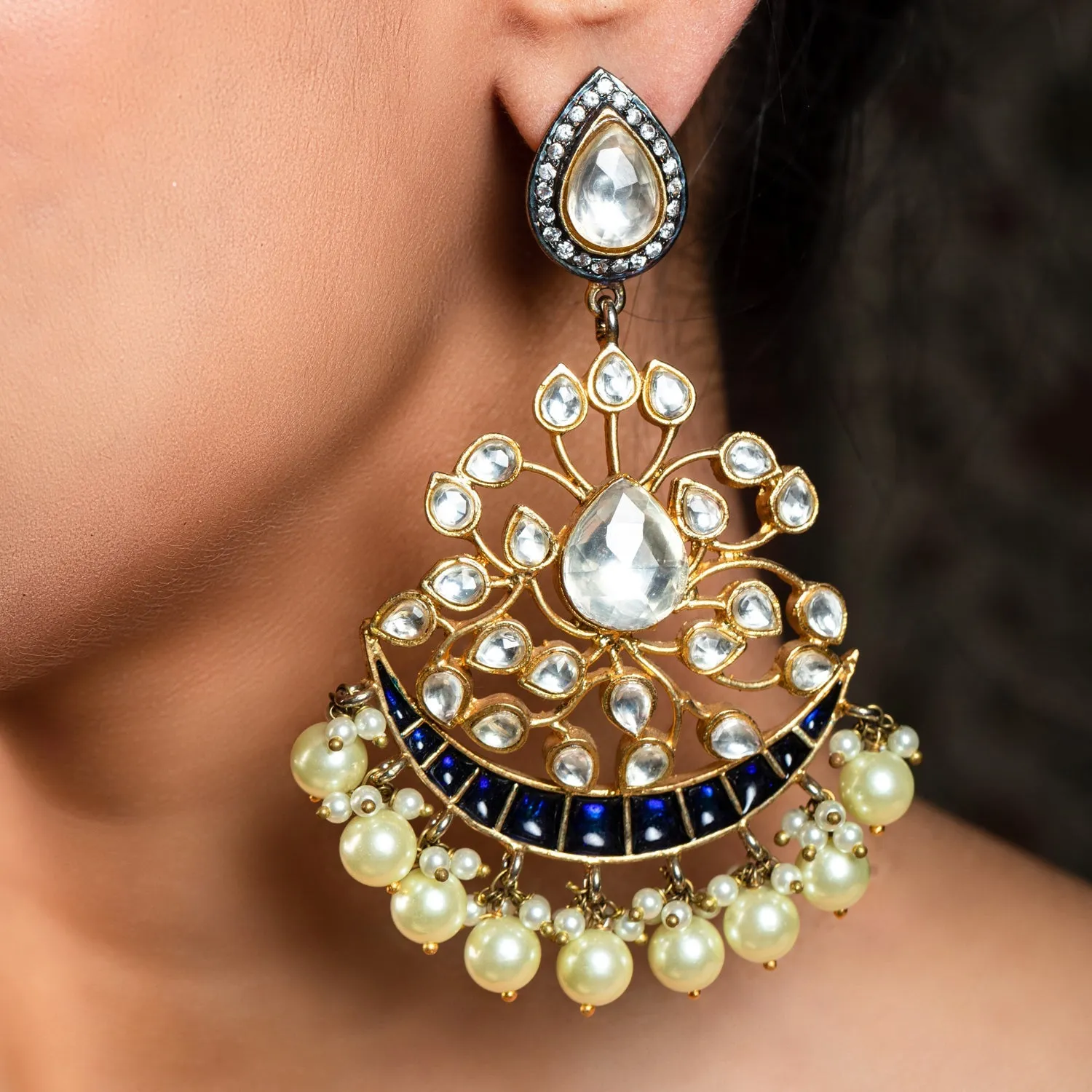 Apeksha Navy Blue Gold Plated Pachi Kundan Earrings