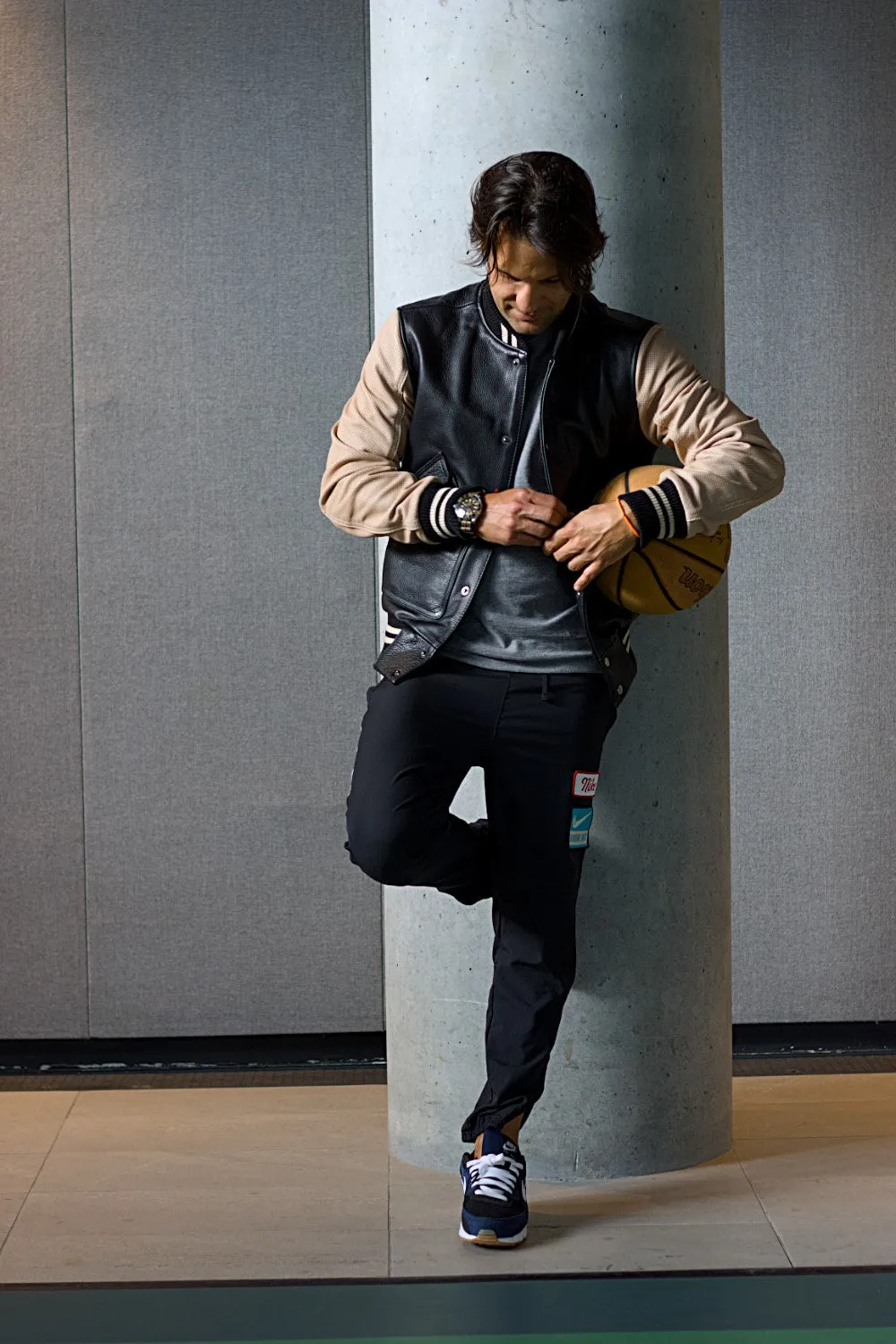 BASKETBALL 1891 Leather & Perforated Lambskin Varsity Jacket - Black & Tan