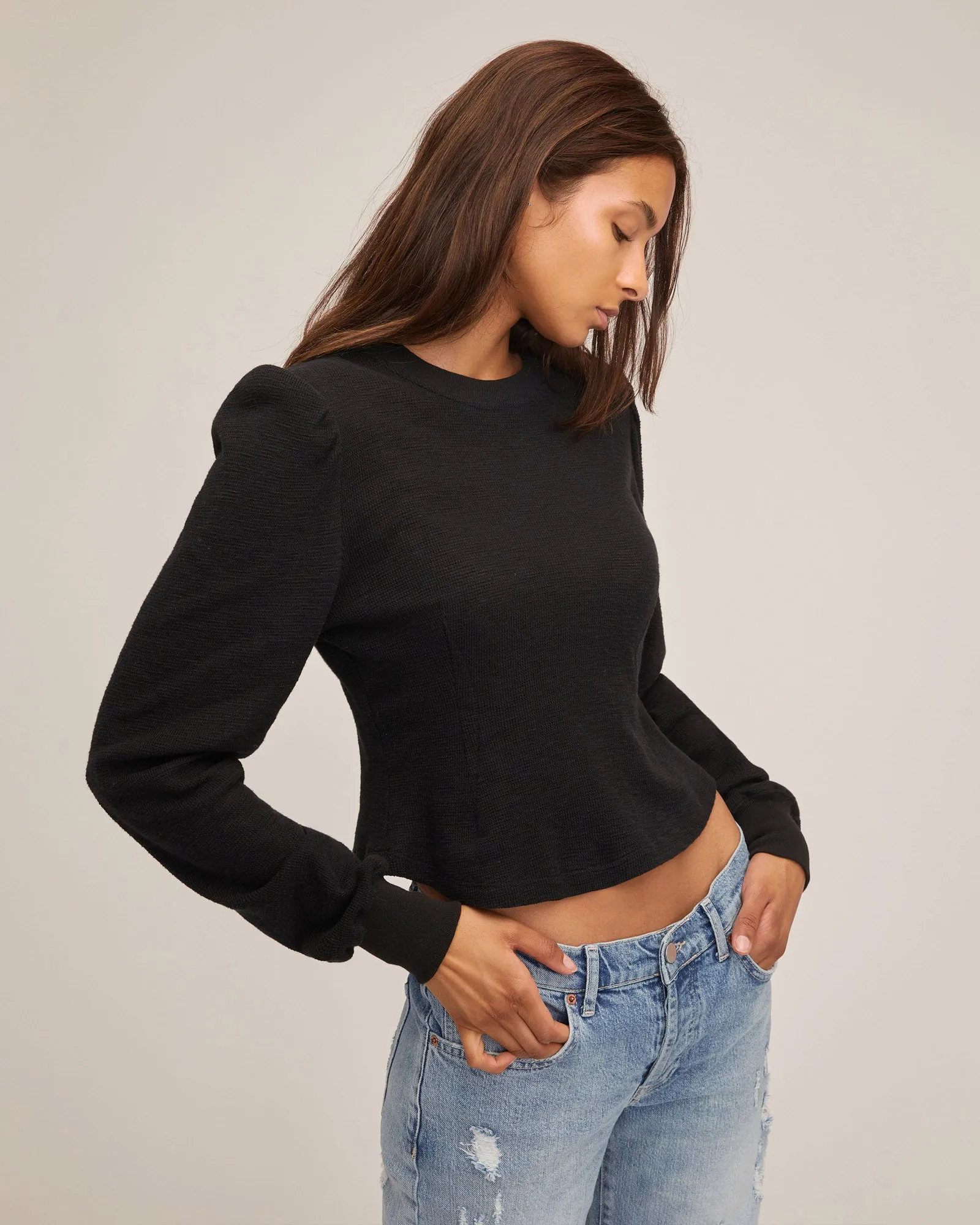 Blair Waffle Knit Puff Sleeve Pullover in Black