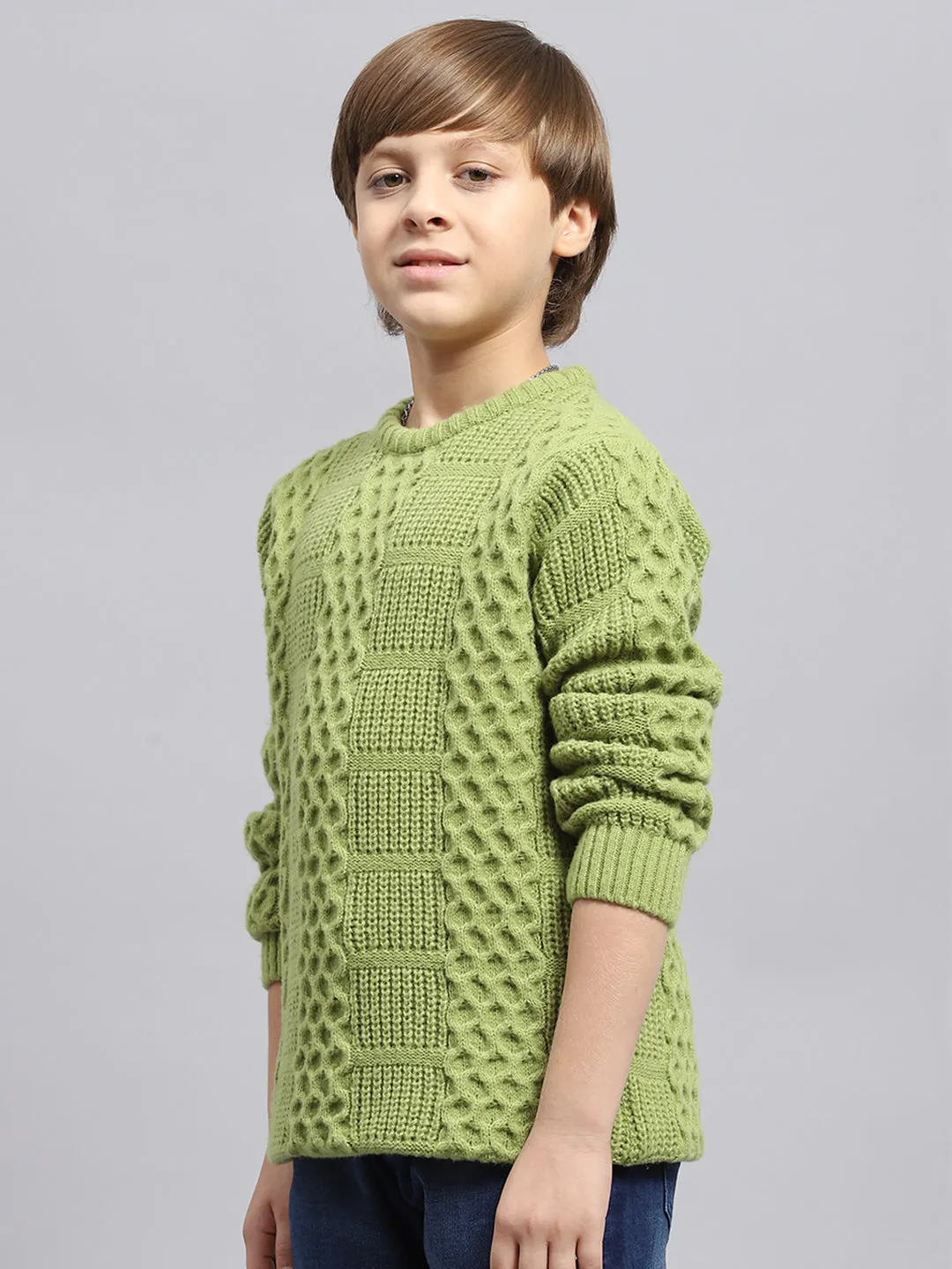 Boys Green Self Design Round Neck Full Sleeve Pullover