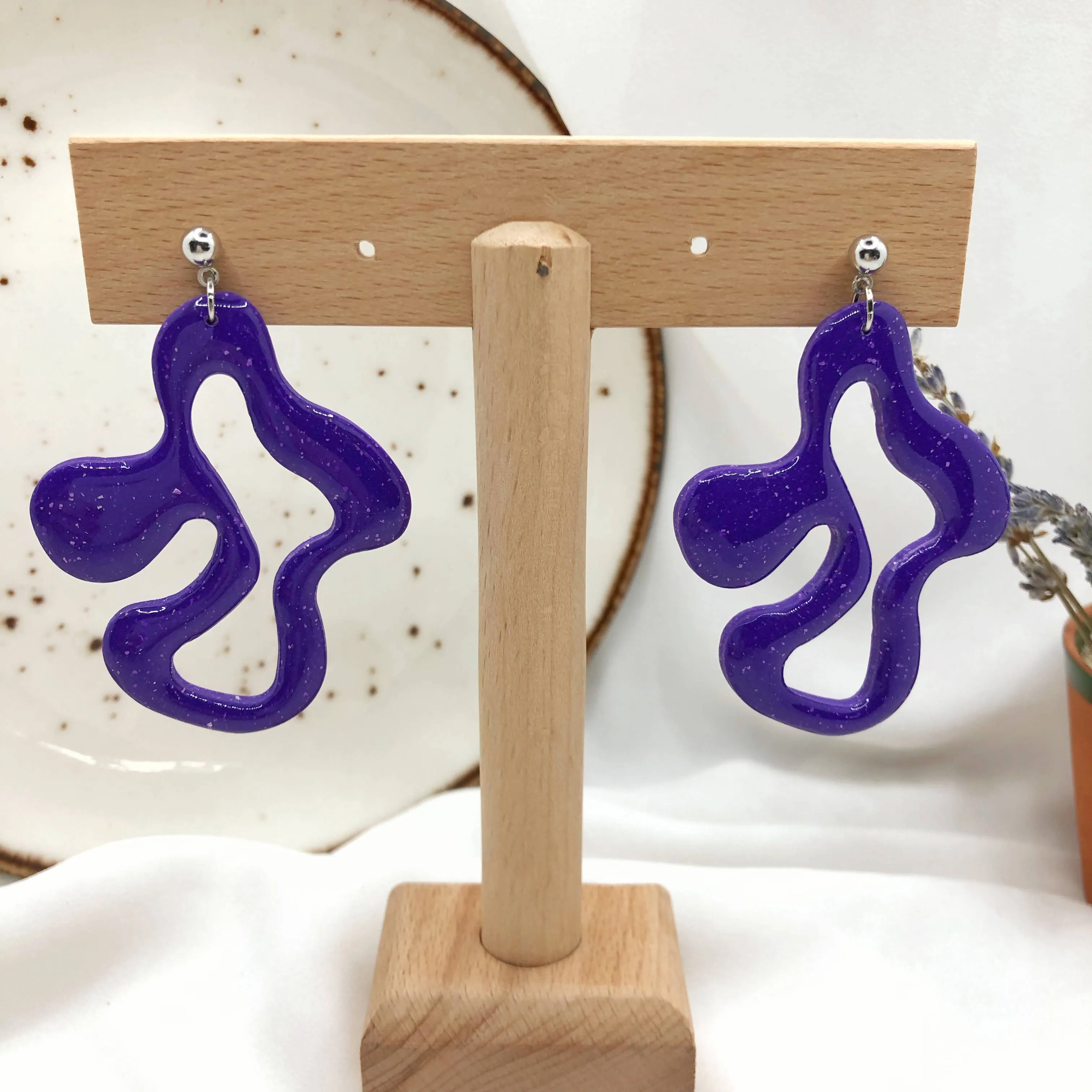 Bright Purple Earrings, Hand Crafted Free Form Earrings , Nickel Free Ear Back Earrings for Women