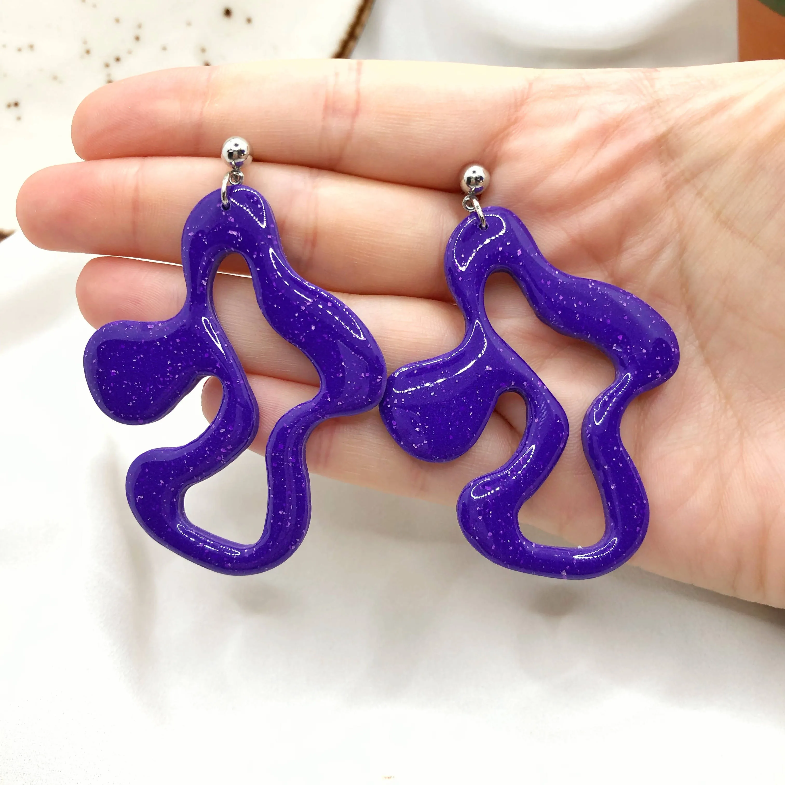 Bright Purple Earrings, Hand Crafted Free Form Earrings , Nickel Free Ear Back Earrings for Women