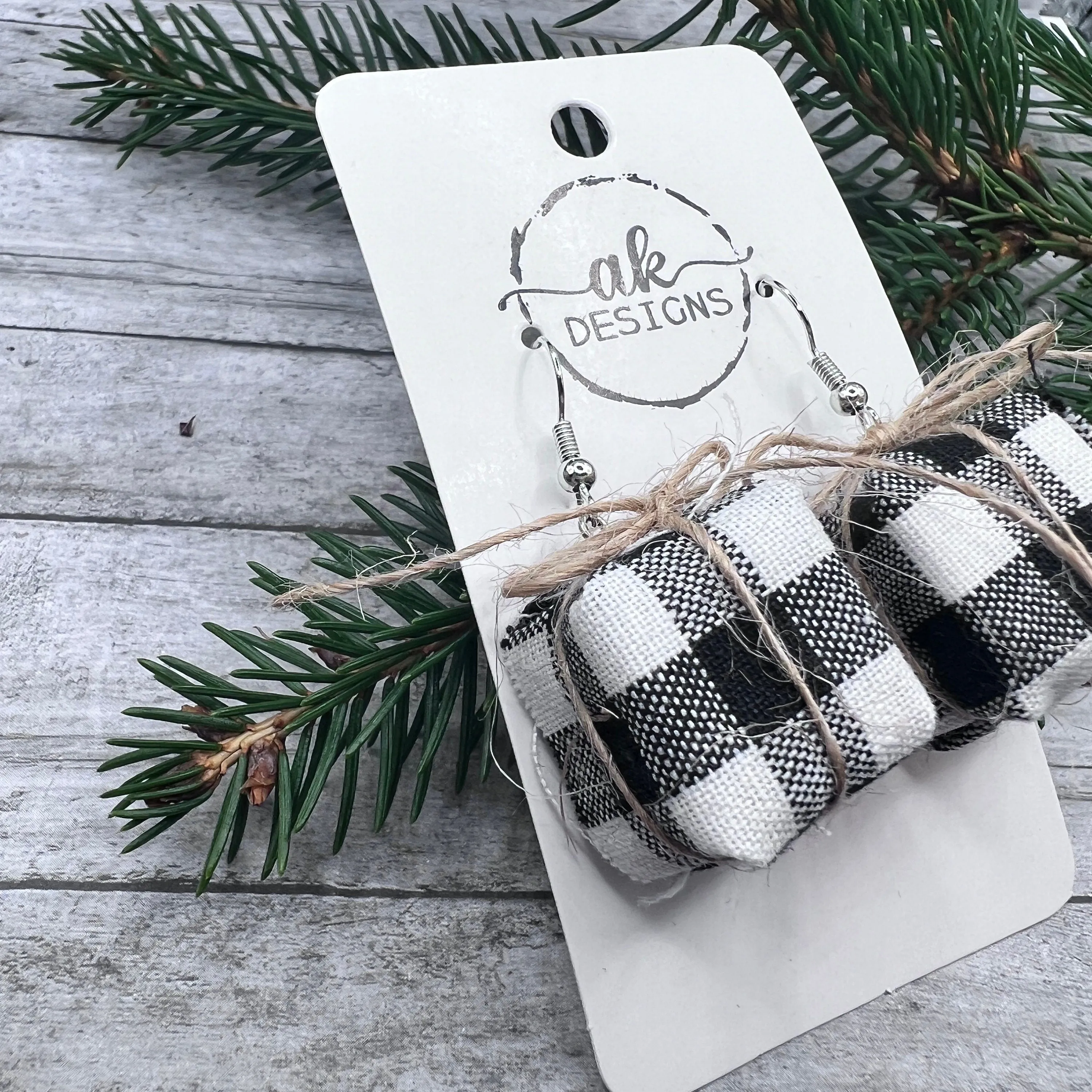 Buffalo Plaid Twine Wrapped Gift Christmas Earrings - Clearance