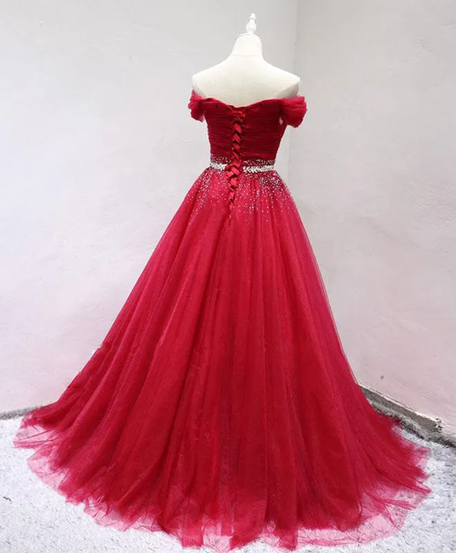 Burgundy Off Shoulder Tulle Long Prom Dress, Burgundy Formal Dress