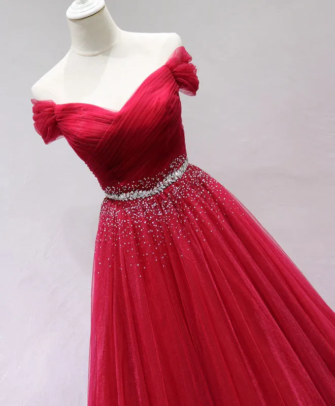 Burgundy Off Shoulder Tulle Long Prom Dress, Burgundy Formal Dress