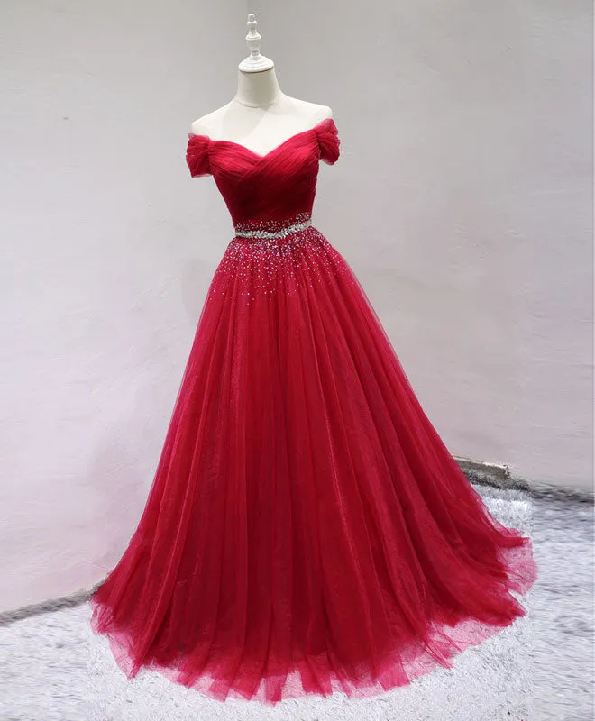 Burgundy Off Shoulder Tulle Long Prom Dress, Burgundy Formal Dress