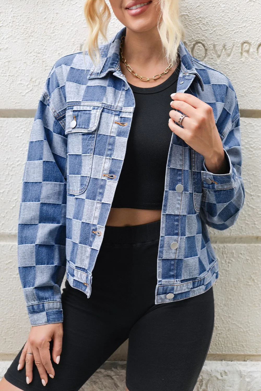 Checkered Button Up Long Sleeve Denim Jacket