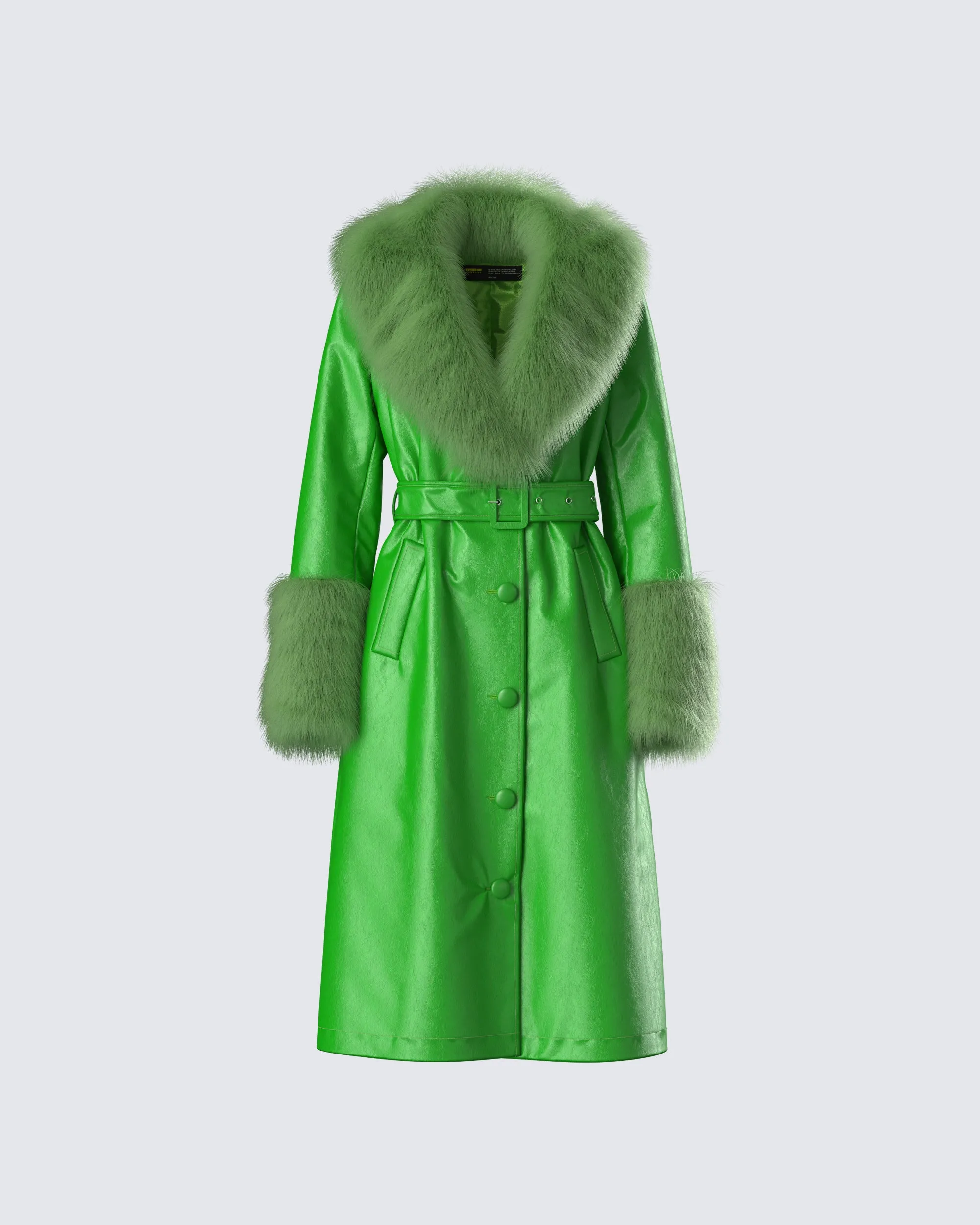 Chlo Green Faux Leather Fur Trim Coat