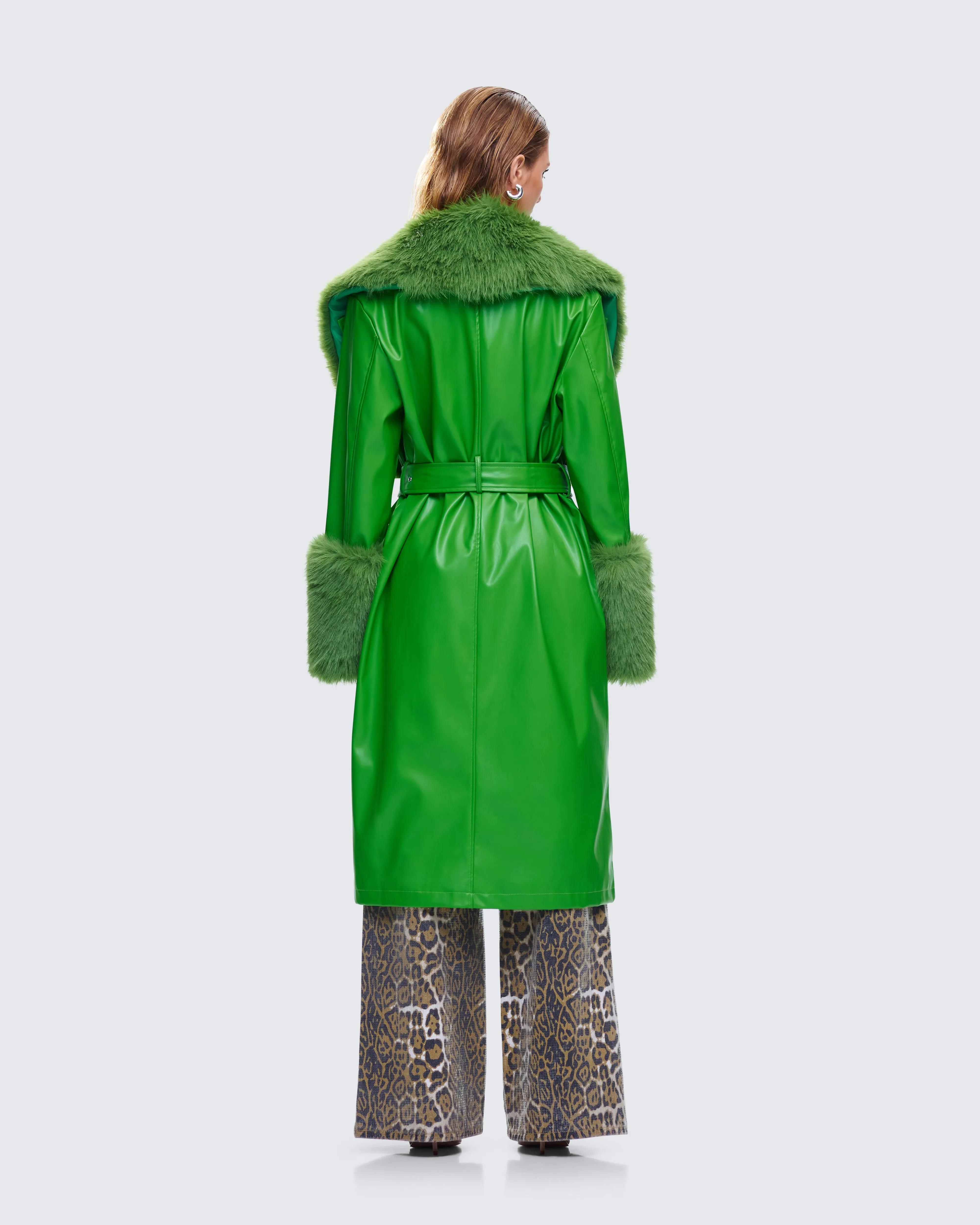 Chlo Green Faux Leather Fur Trim Coat