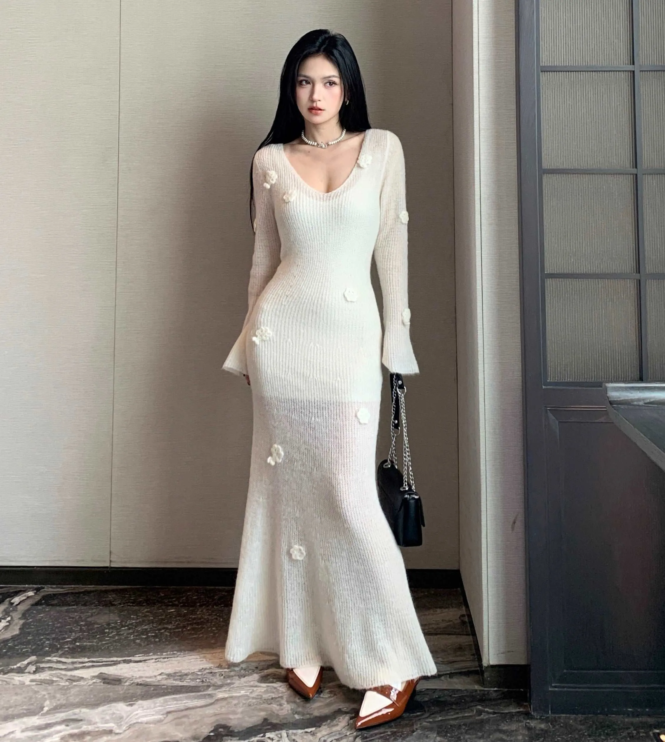 Classic Elegant Chic Autumn Fall 3D Flower Knitted Long Fishtail White Dress