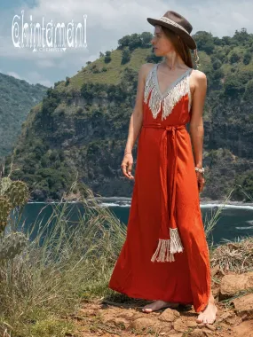 Cotton Boho Fringe Dress for Women / Red Ochre