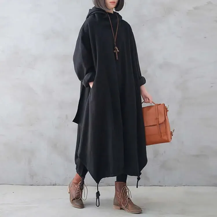 Cozy Hooded Cotton Dress with Long Sleeves and Drawstring