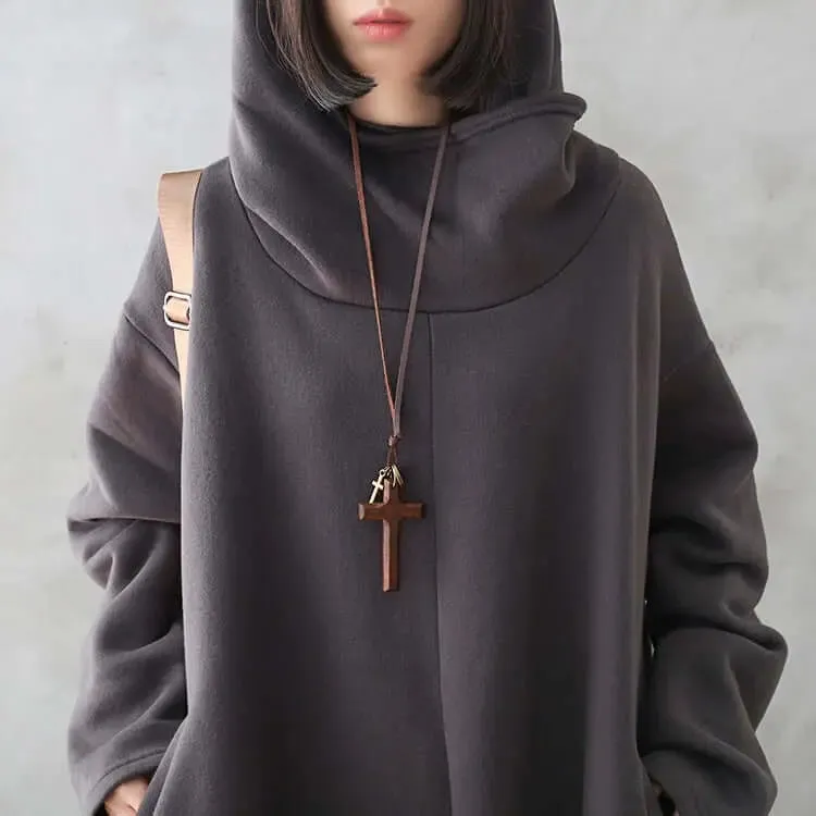 Cozy Hooded Cotton Dress with Long Sleeves and Drawstring