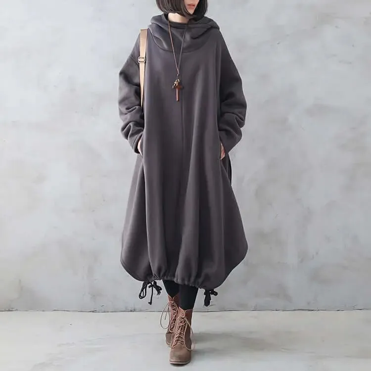 Cozy Hooded Cotton Dress with Long Sleeves and Drawstring