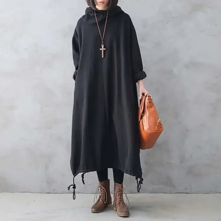 Cozy Hooded Cotton Dress with Long Sleeves and Drawstring