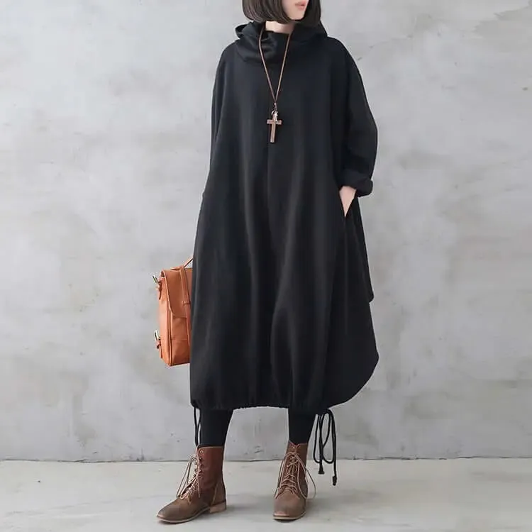 Cozy Hooded Cotton Dress with Long Sleeves and Drawstring