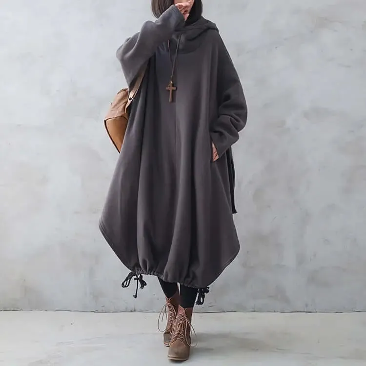 Cozy Hooded Cotton Dress with Long Sleeves and Drawstring