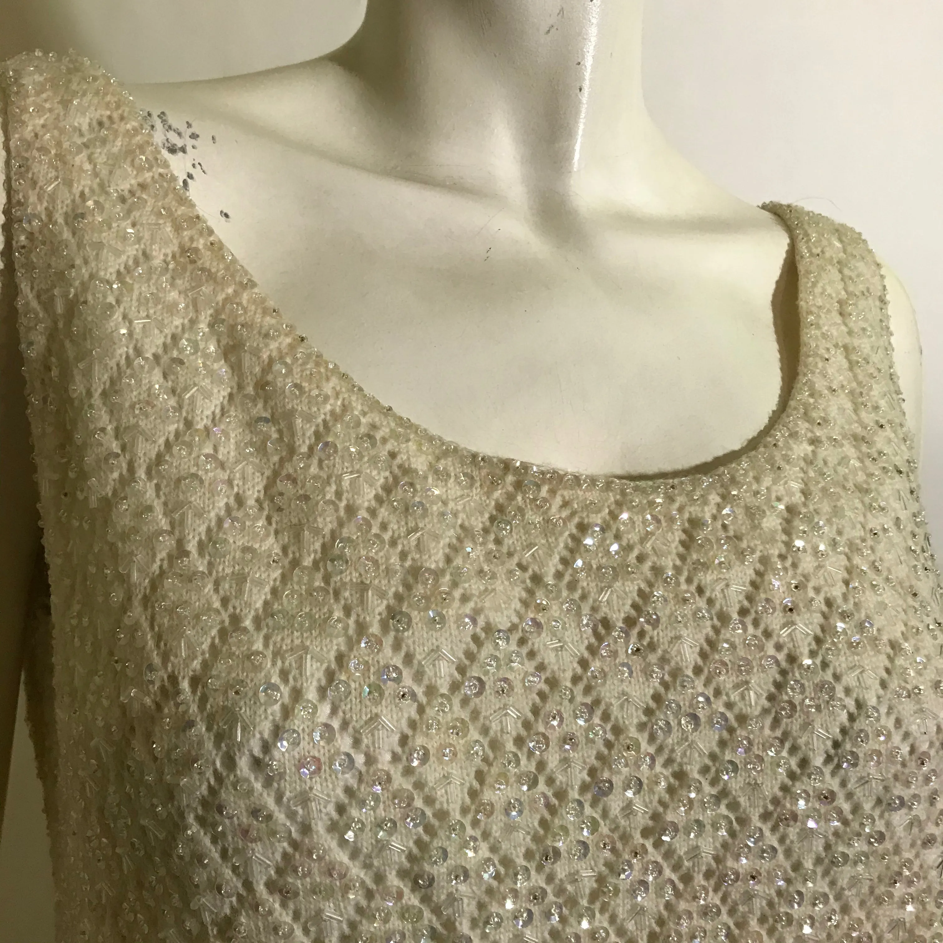 Creamy Knit Wool Beaded and Sequined 2 Pc Dress with Beaded Pom Pom Fringe circa 1960s