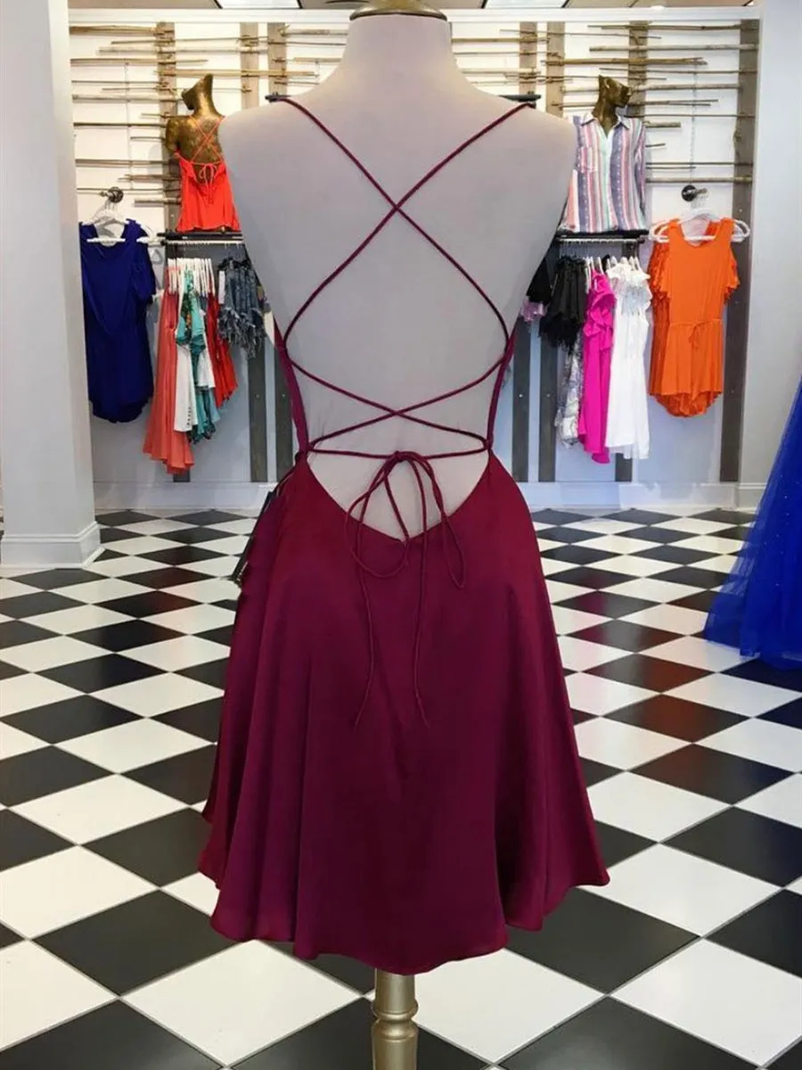 Cute Backless Burgundy Short Prom, Chic Burgundy Homecoming, Burgundy Short Evening