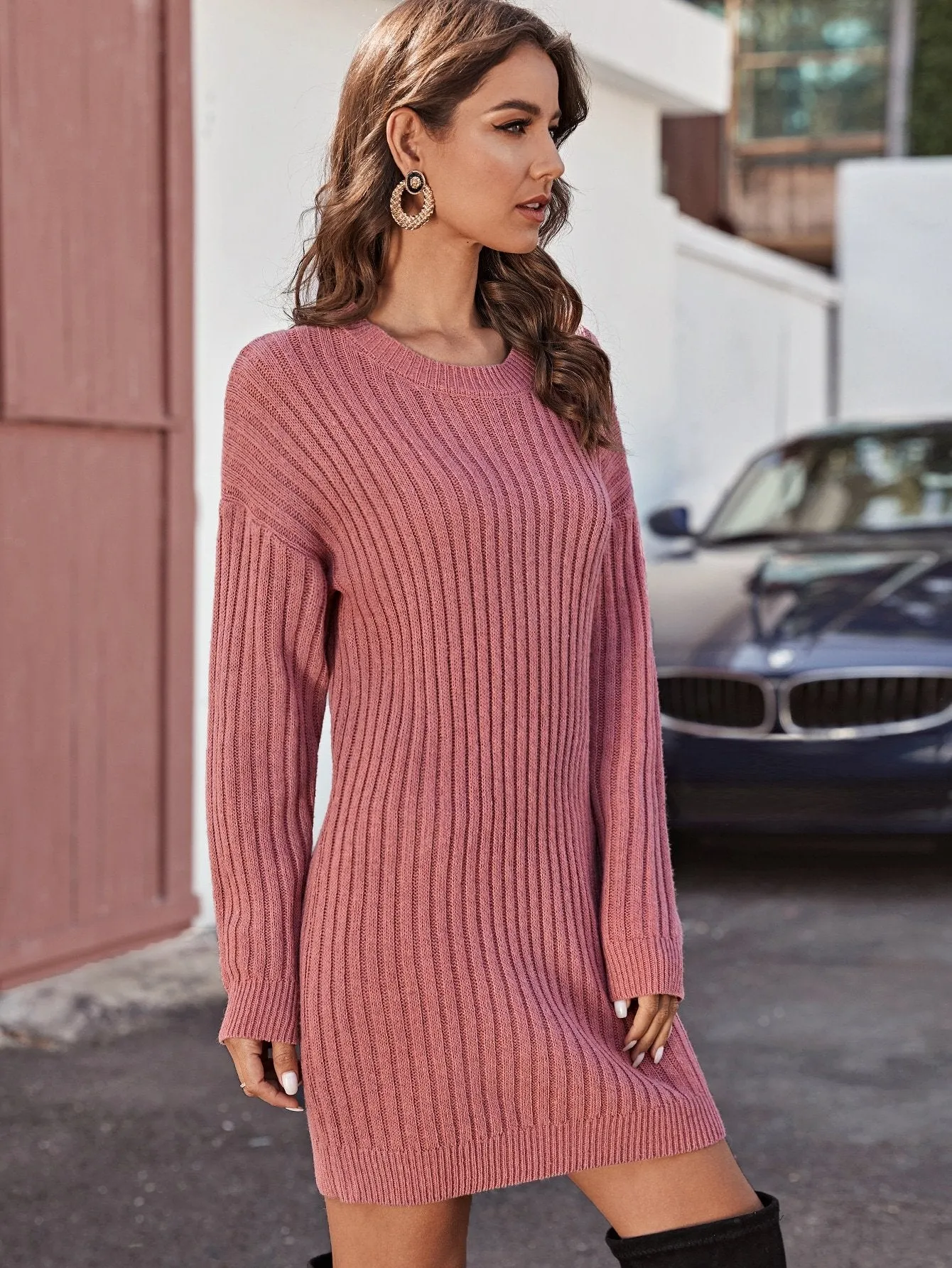 Drop Shoulder Rib-knit Jumper Dress Without Belt