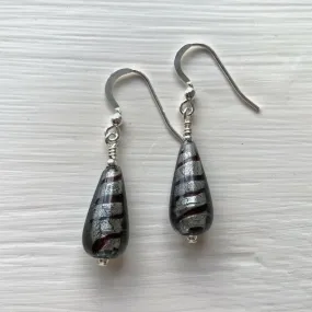 Earrings with black spiral, grey crystal and white gold Murano glass short pear drops