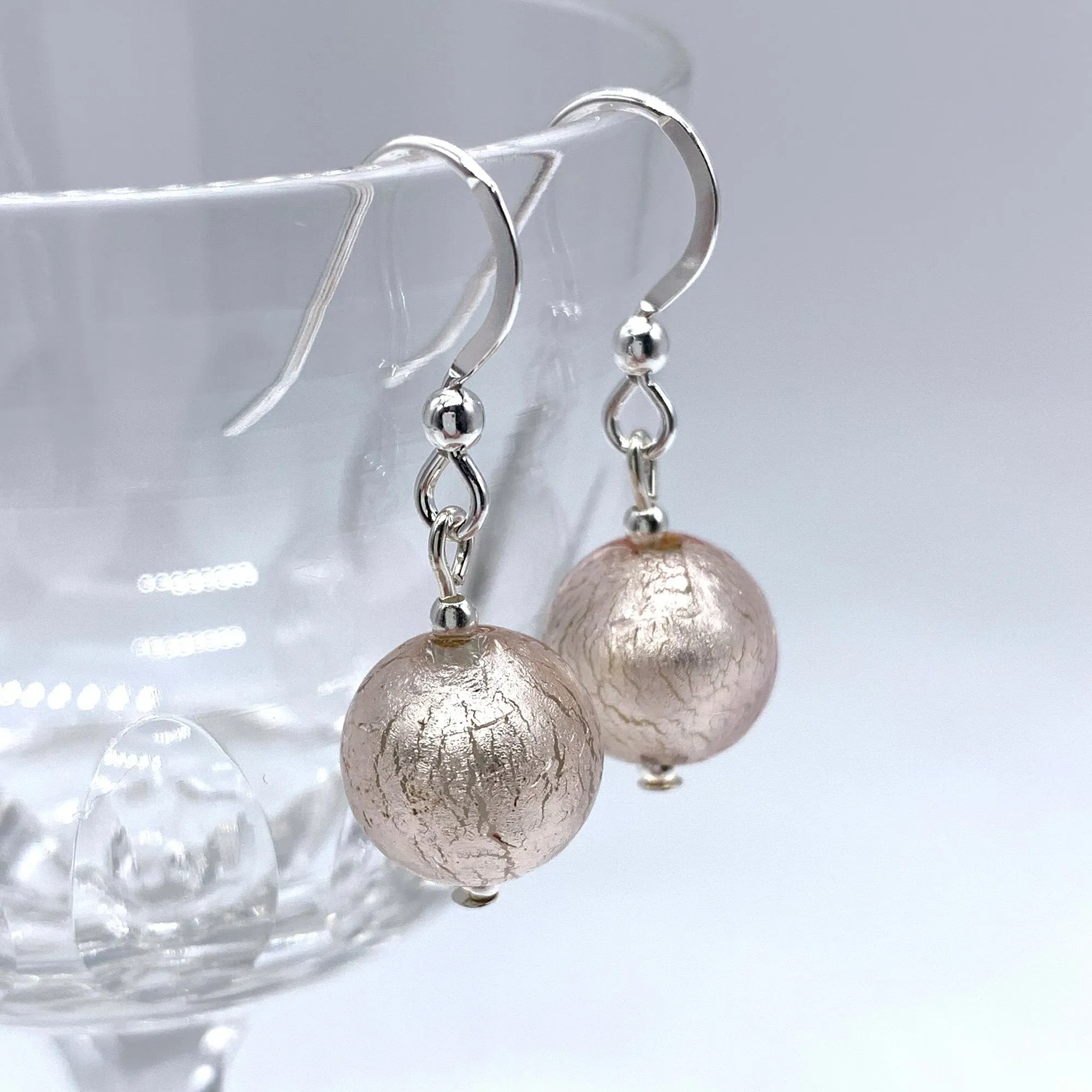 Earrings with champagne (peach, pink) Murano glass mini sphere drops on silver or gold