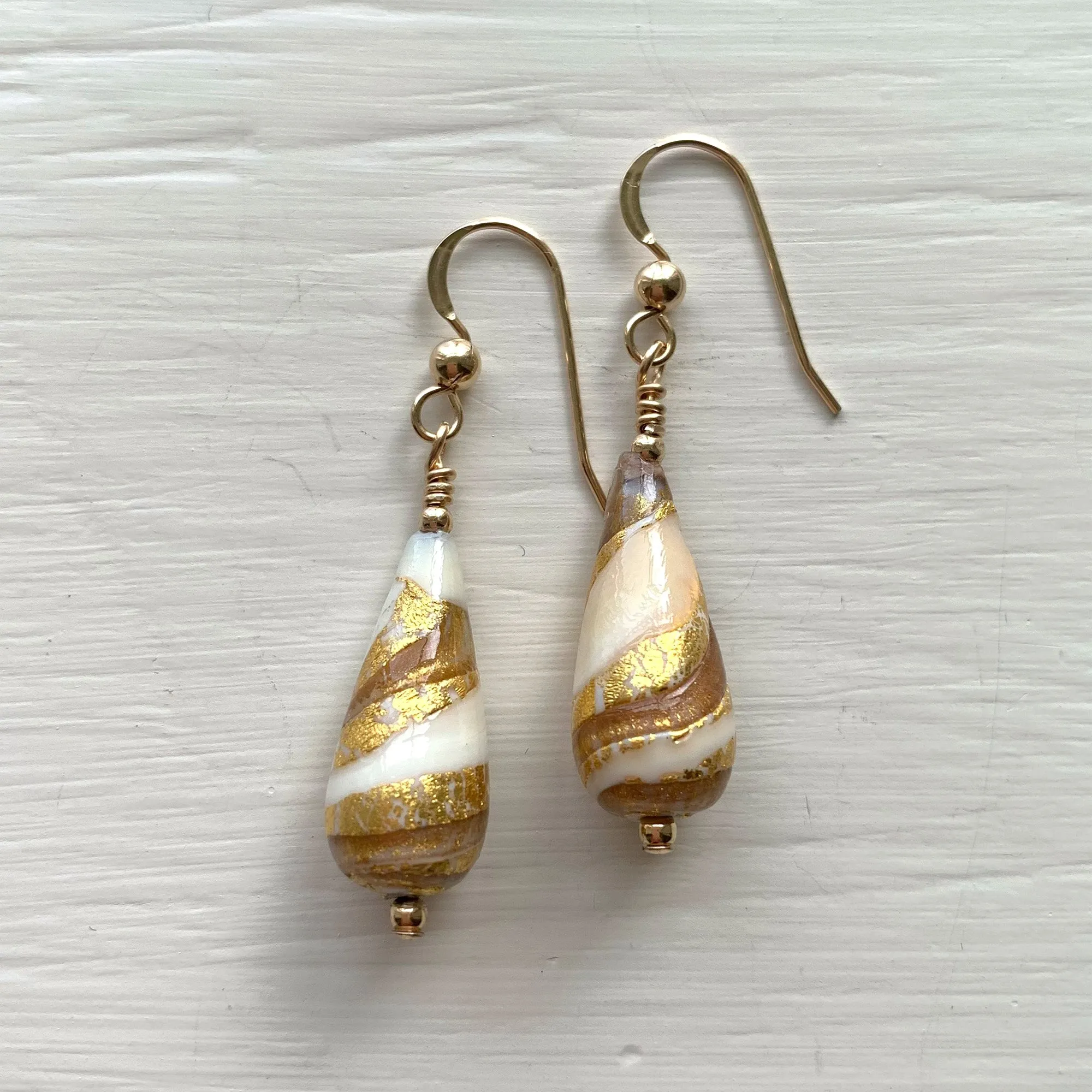 Earrings with ivory (white) gold aventurine Murano glass short pear drops on silver or gold