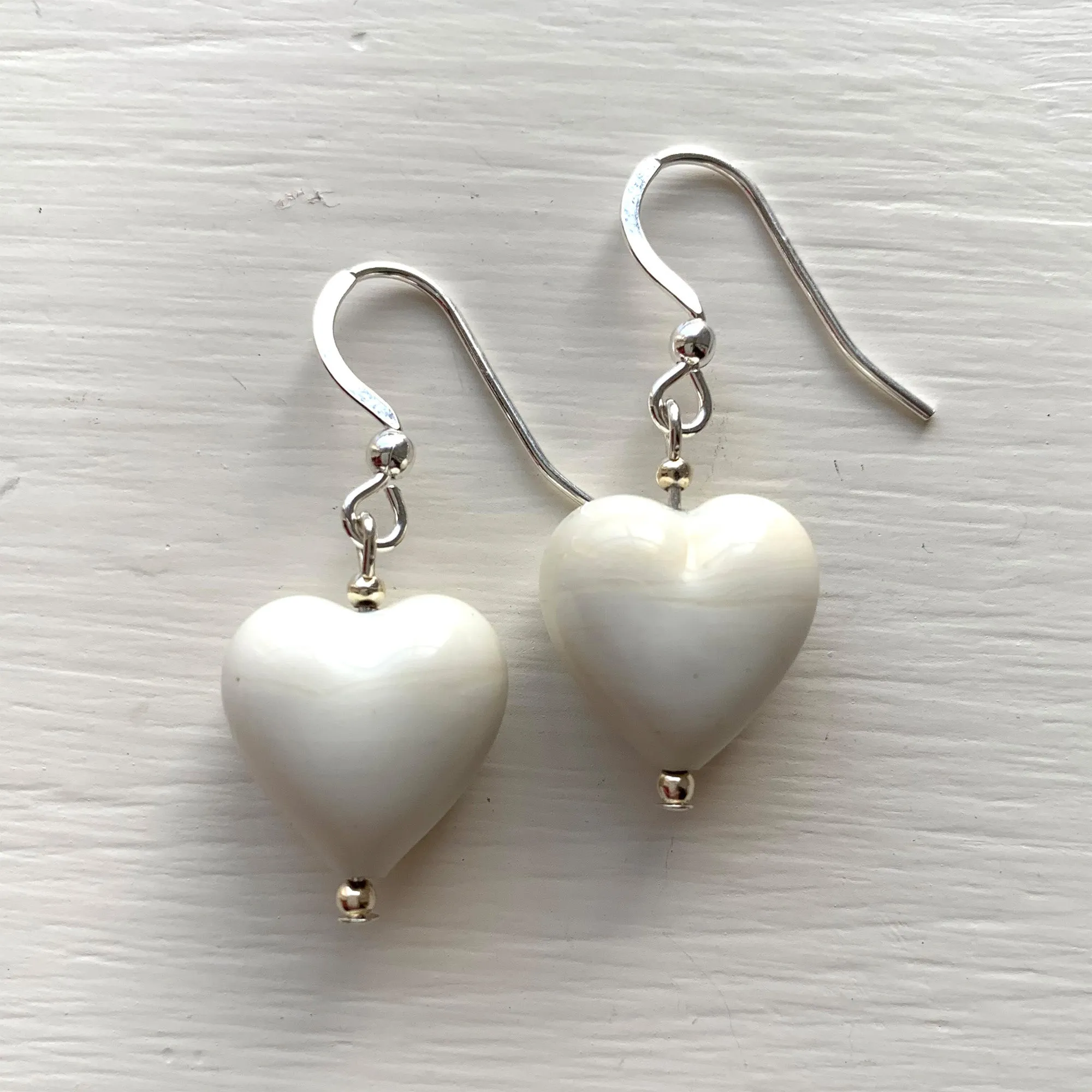 Earrings with ivory (white) pastel Murano glass small heart drops on silver or gold hooks