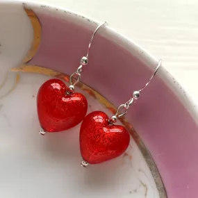 Earrings with light red Murano glass small heart drops on silver or gold hooks