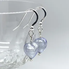 Earrings with lilac (purple) Murano glass mini heart drops on silver or gold hooks