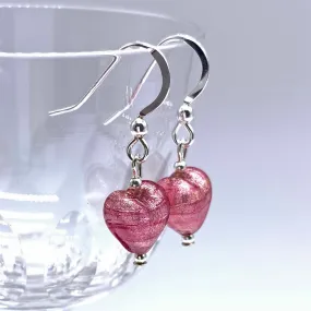 Earrings with rose pink (cerise) Murano glass mini heart drops on silver or gold hooks