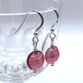 Earrings with rose pink (cerise) Murano glass mini lentil drops on silver or gold hooks