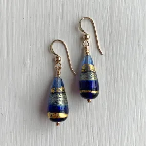 Earrings with shades of dark blue (cobalt) and gold Murano glass short pear drops