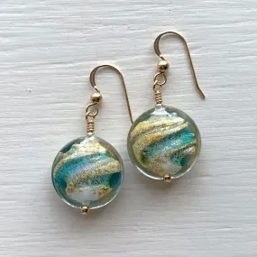 Earrings with turquoise (blue), white and gold Murano glass medium lentil drops