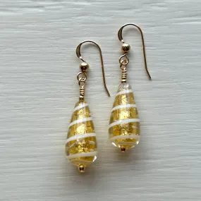 Earrings with white spiral and gold Murano glass short pear drops on silver or gold