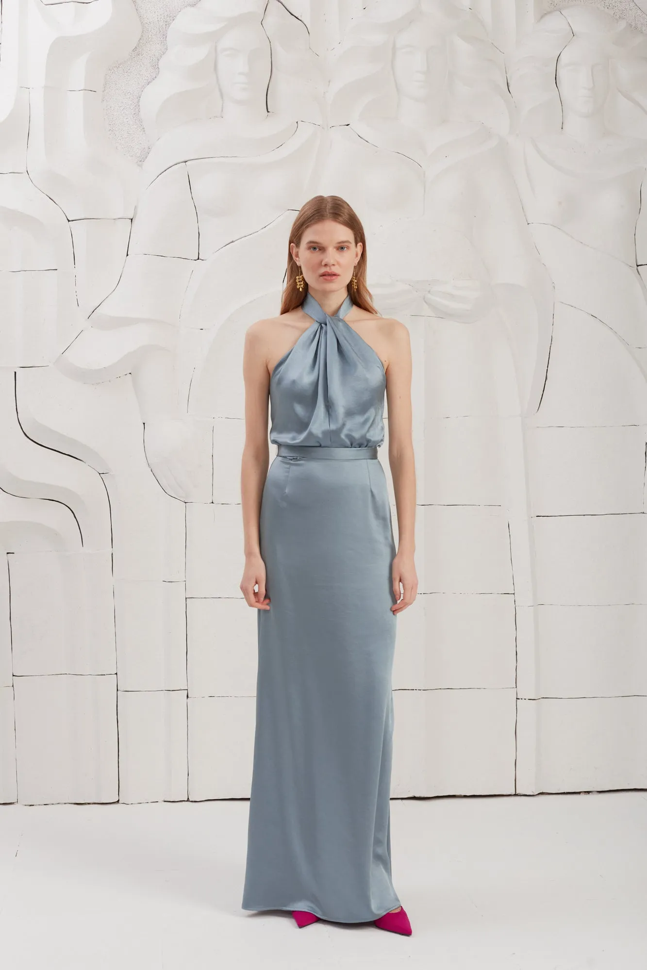 ELONA blue satin long evening dress