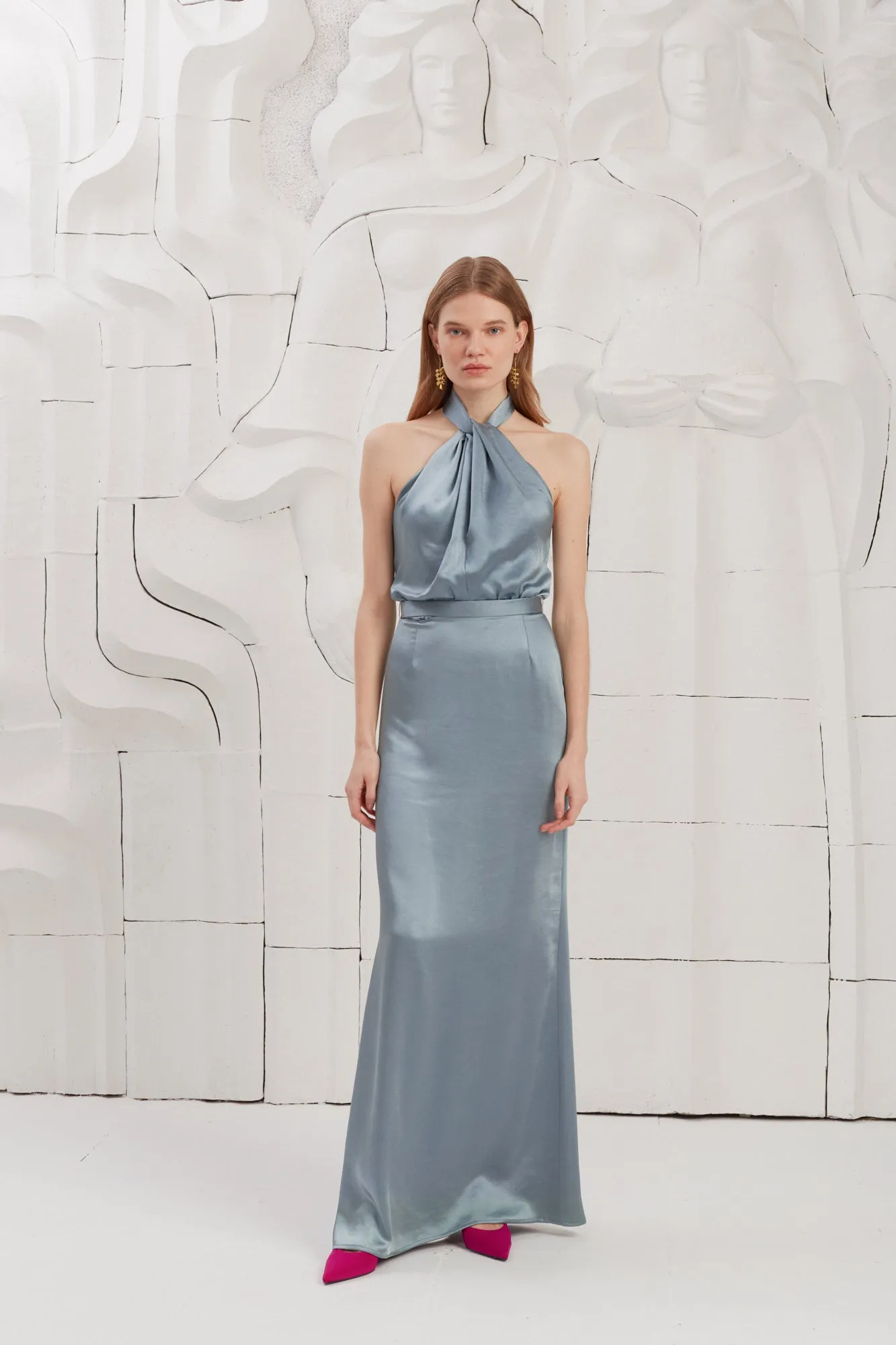 ELONA blue satin long evening dress