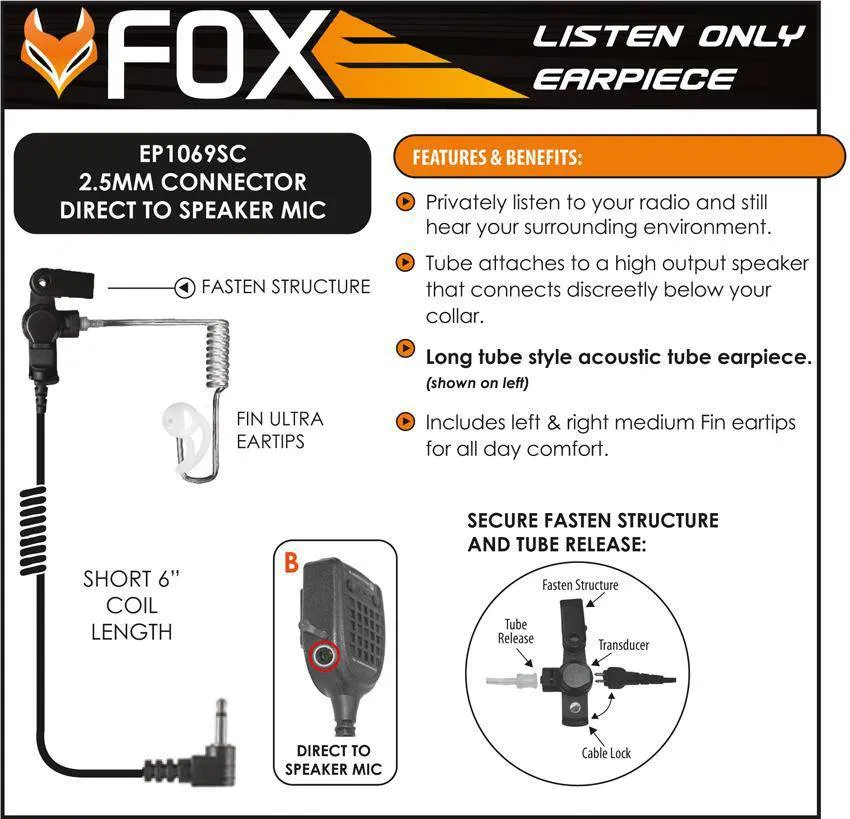 EP1069SCBT Black Diamond Tactical Fox Surveillance Earphone Kit with 2.5mm Connector